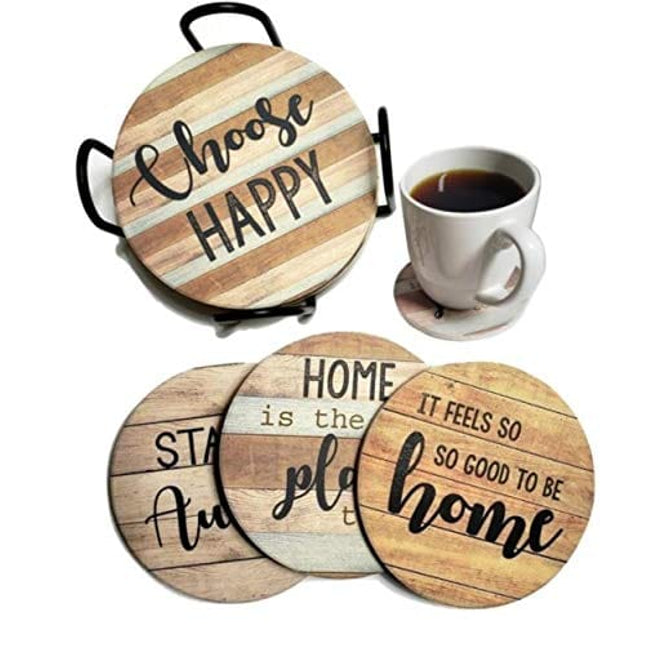 PANCHH Rustic Farmhouse Stone & Cork Coasters for Drinks, Absorbent - Set of 6 Coasters with Holder - Best Housewarming Gifts for New Home Ideas - Cute Kitchen and Coffee Table Décor & Accessories