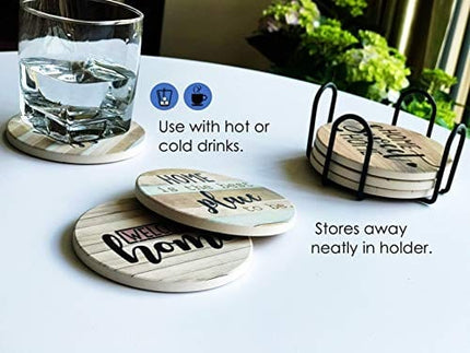 PANCHH Rustic Farmhouse Stone & Cork Coasters for Drinks, Absorbent - Set of 6 Coasters with Holder - Best Housewarming Gifts for New Home Ideas - Cute Kitchen and Coffee Table Décor & Accessories