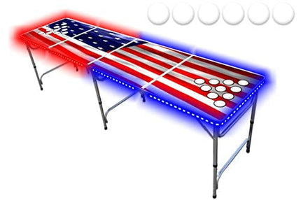 PartyPongTables.com 8-Foot Beer Pong Table w/Cup Holes & LED Lights - USA Edition