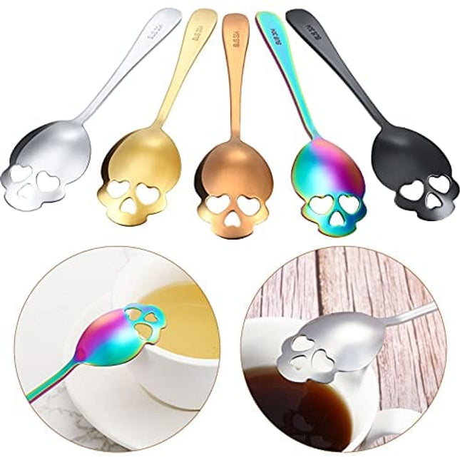 Skull Spoons Stainless Steel Coffee and Espresso Spoons for Tea, Milk, Sugar Stirring, Dessert, Cake (Mixed Color,5 Pieces)