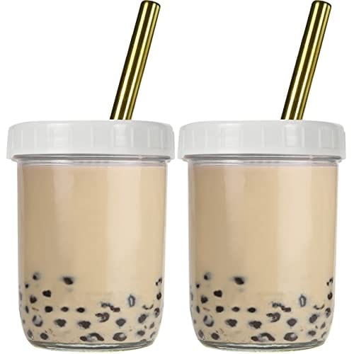 Reusable Wide Mouth Smoothie Cups Boba Bubble Tea Cups with Lids and Gold  Straws Mason Jars Glass Cups (2-pack, 24 oz )