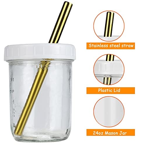 Reusable Wide Mouth Smoothie Cups Boba Tea Bubble with Lids and Silver  Straws Mason Jars Glass (2-pack, 16 oz mason jars)