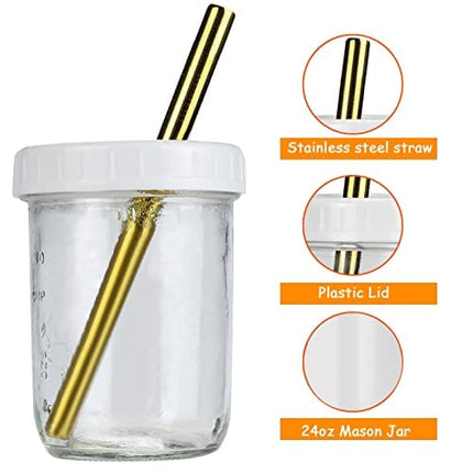 Bubble Tea Cups 2 pack, Reusable Wide Mouth Smoothie Cups, Iced Coffee Cups With White Lids and Gold Straws Mason Jars Glass Cups, Travel Glass Drinking Bottle (16oz, Gold Straws)