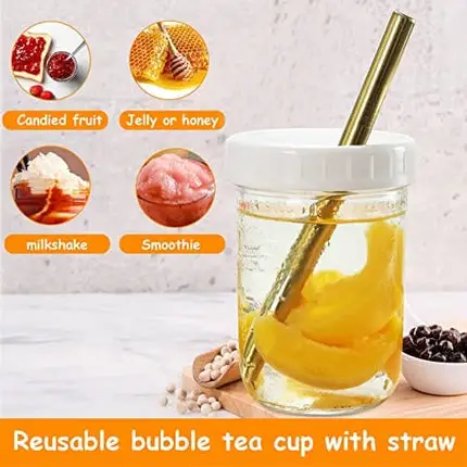 Bubble Tea Cups 2 pack, Reusable Wide Mouth Smoothie Cups, Iced Coffee Cups With White Lids and Gold Straws Mason Jars Glass Cups, Travel Glass Drinking Bottle (16oz, Gold Straws)