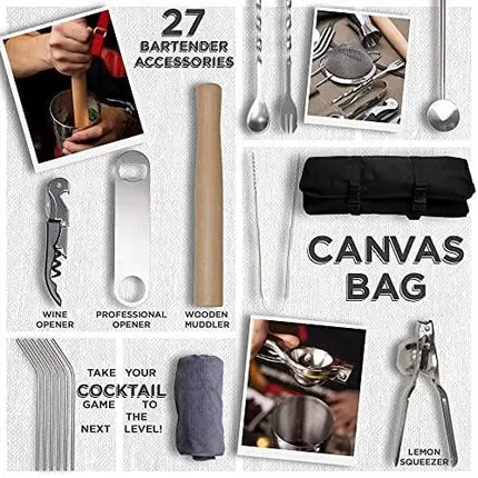Professional Bartender Kit and Cocktail Shaker 27 Piece Kit - Bar Accessories - Mixology Bartender Kit, Barware Kit Including Wooden Muddler, Jigger, Strainers and Martini Tool, Canvas Carrying Bag