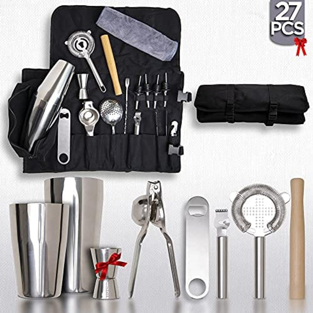 Professional Bartender Kit and Cocktail Shaker 27 Piece Kit - Bar Accessories - Mixology Bartender Kit, Barware Kit Including Wooden Muddler, Jigger, Strainers and Martini Tool, Canvas Carrying Bag