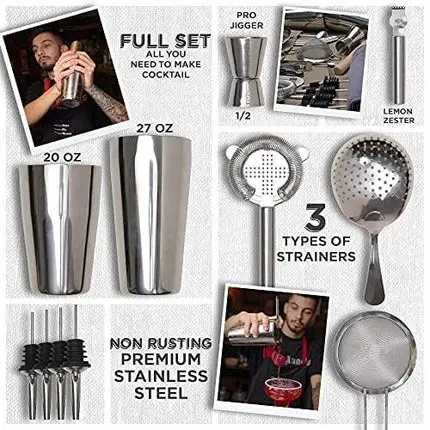 Professional Bartender Kit and Cocktail Shaker 27 Piece Kit - Bar Accessories - Mixology Bartender Kit, Barware Kit Including Wooden Muddler, Jigger, Strainers and Martini Tool, Canvas Carrying Bag