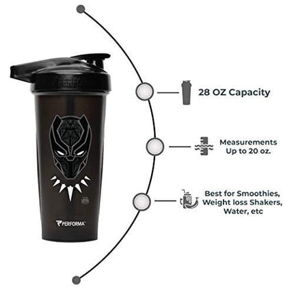 PERFORMA ACTIV (Black Panther) 28oz Shaker Bottle, Best Leak Free Bottle with ActionRod Mixing Technology for Your Sports & Fitness Needs! Shatter Proof and Dishwasher Safe!