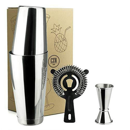 PG Boston Cocktail Kit - 4PC Premium Stainless Steel Shaker Set - 30oz Gloss Finish 2-Piece Shaker with Cocktail Strainer and Double Jigger