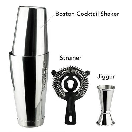 PG Boston Cocktail Kit - 4PC Premium Stainless Steel Shaker Set - 30oz Gloss Finish 2-Piece Shaker with Cocktail Strainer and Double Jigger