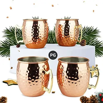 PG Moscow Mule Mugs | Large Size 19 ounces | Set of 4 Hammered Cups | Stainless Steel Lining | Pure Copper Plating | Gold Brass Handles | 3.7 inches Diameter x 4 inches Tall