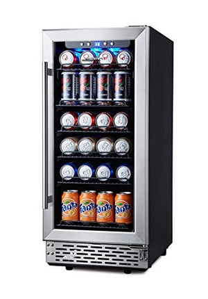 Phiestina 15 Inch Beverage Cooler Refrigerator - 96 Can Built-in or Free Standing Beverage Fridge with Glass Door for Soda Beer or Wine - Compact Drink Fridge For Home Bar or Office