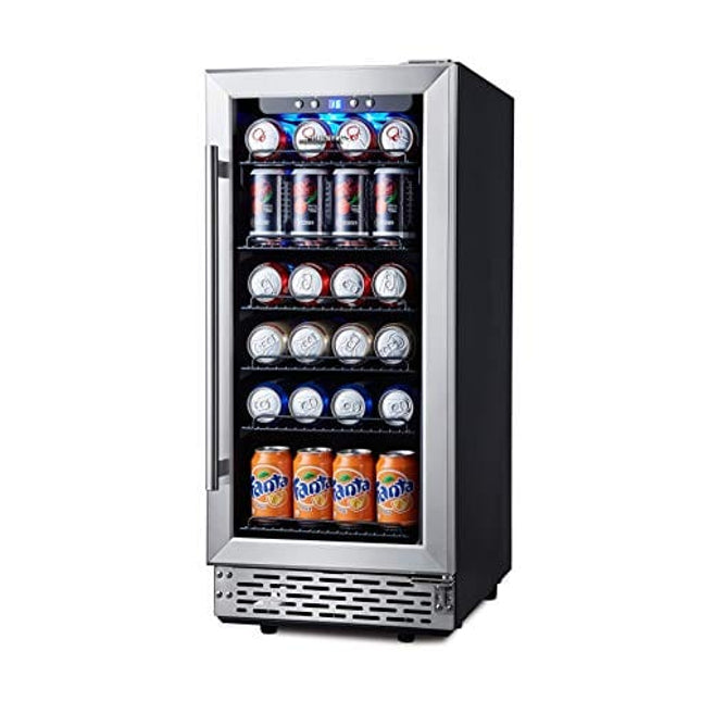 Phiestina 15 Inch Beverage Cooler Refrigerator - 96 Can Built-in or Free Standing Beverage Fridge with Glass Door for Soda Beer or Wine - Compact Drink Fridge For Home Bar or Office