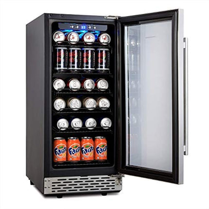 Phiestina 15 Inch Beverage Cooler Refrigerator - 96 Can Built-in or Free Standing Beverage Fridge with Glass Door for Soda Beer or Wine - Compact Drink Fridge For Home Bar or Office