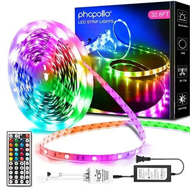 Phopollo Led Lights 32.8ft Long Led Strip Lights for Bedroom Color Changing Luces Led para Decoracion Habitacion RGB DIY Color Option with Power Supply and Remote