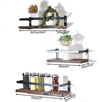 PHUNAYA Floating Shelves Rustic Wood Wall Mounted Shelf Practical Metal Fence Design – Ideal for Bedroom, Bathroom, Kitchen Set of 3