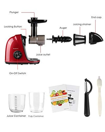 Juicer Machines, Slow Masticating Juicer with Brush and Easy to Clean, Cold Pressed Juicer with Quiet Motor and Reverse Function, Juicer Extractor，Recipes for Fruits and Vegetables