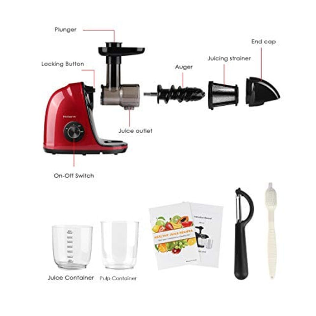 Juicer Machines, Slow Masticating Juicer with Brush and Easy to Clean, Cold Pressed Juicer with Quiet Motor and Reverse Function, Juicer Extractor，Recipes for Fruits and Vegetables