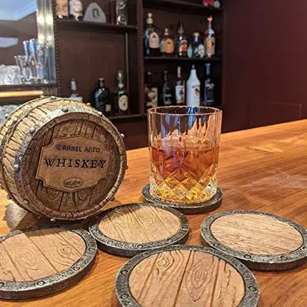 5pc Whiskey Barrel Drink Coasters Unique - Bar Decor and Accessories Beer Coaster - Home Decorations for Dining Room Drink Coasters - Modern House Decor Coaster Set with Holder Kitchen Decor Man Cave