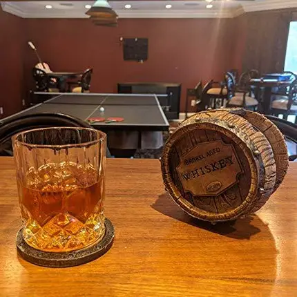 5pc Whiskey Barrel Drink Coasters Unique - Bar Decor and Accessories Beer Coaster - Home Decorations for Dining Room Drink Coasters - Modern House Decor Coaster Set with Holder Kitchen Decor Man Cave