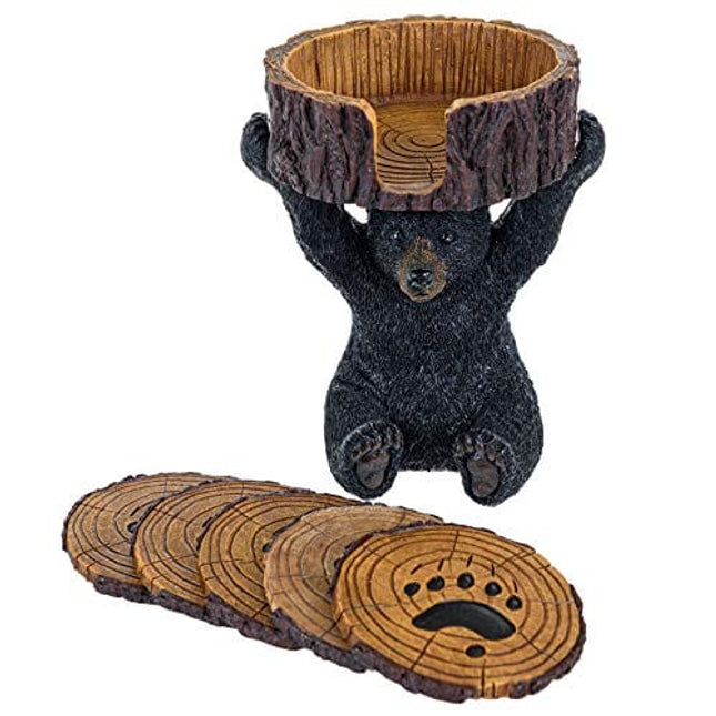 Black Bear Coasters Set - Coasters with Holder Rustic Home Decorations - Home Bar Accessories and Decor Bear Gifts Vintage Drink Coasters - Bear Items Coffee Table Decor Kitchen