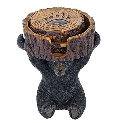 Black Bear Coasters Set - Coasters with Holder Rustic Home Decorations - Home Bar Accessories and Decor Bear Gifts Vintage Drink Coasters - Bear Items Coffee Table Decor Kitchen