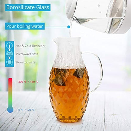 Large Glass Pitcher with Lid and Spout - 100 Ounces Big Cold and Hot Water Carafe with Unique Glass Diamond Pattern, Beverage and Water Pitcher for Homemade Iced Tea and Juice.