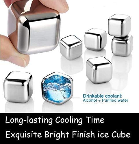 Stainless Steel Ice Cubes Set of 8 - Tongs With Rubber and Storage