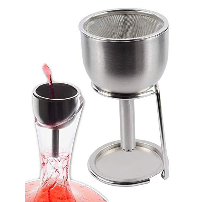 Plaisir de la Cave 3in1 Steel Funnel with Strainer (Wine Shower + Aerator + Filter + Storage Stand) - Improves Wine & Clears Residues