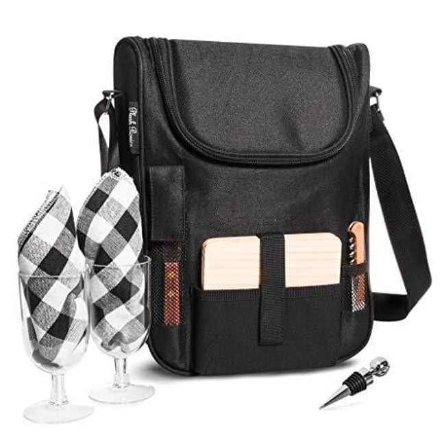Insulated Travel Wine Tote Bag: Portable 2 Bottle Wine and Cheese Waterproof Black Canvas Carrier Bag Set with Picnic Backpack Kit (Black)