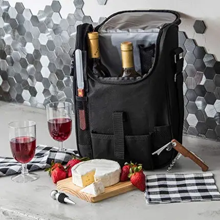 Insulated Travel Wine Tote Bag: Portable 2 Bottle Wine and Cheese Waterproof Black Canvas Carrier Bag Set with Picnic Backpack Kit (Black)