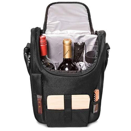 Insulated Travel Wine Tote Bag: Portable 2 Bottle Wine and Cheese Waterproof Black Canvas Carrier Bag Set with Picnic Backpack Kit (Black)
