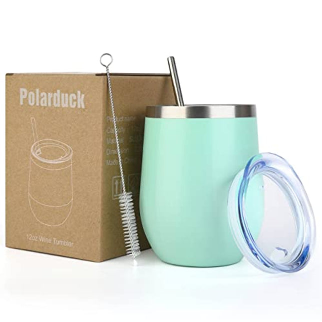 Polarduck Wine Tumbler Cup Coffee Mug: 12oz Travel Insulated Tumbler with Lid & Straw, Stainless Steel Vacuum Double Wall-Gift for Women, Men, Mom, Dad, Friend (Mint)