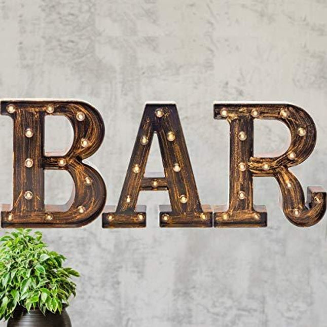 Vintage Industrial BAR Sign Decorative Led Illuminated Letter Lights Marquee BAR Signs - Black Light Up Letters – Lighted Bar Decor (23.03-in x 8.66-in) (Vintage - BAR)