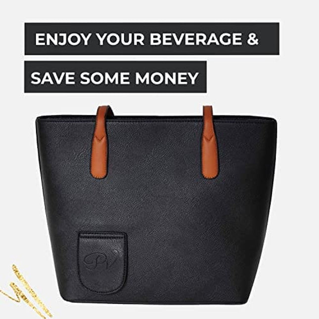 PortoVino Classic Tote Bag - Vegan Leather Wine Purse with Hidden Spout and Dispenser Flask for Wine Lovers that Holds and Pours 2 bottles of Wine! For Traveling, Concerts, Bachelorette Party - Black