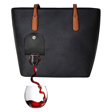 PortoVino Classic Tote Bag - Vegan Leather Wine Purse with Hidden Spout and Dispenser Flask for Wine Lovers that Holds and Pours 2 bottles of Wine! For Traveling, Concerts, Bachelorette Party - Black
