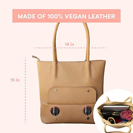 PortoVino Double Pour Vegan Leather Tote Bag with Hidden Insulated Flask Compartment and Dispenser with Spout that Hold 2 separate Bottles Of Wine! Perfect for Traveling, Concerts, Bachelorette Party!