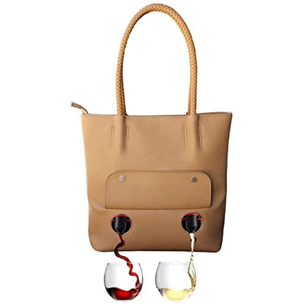 PortoVino Double Pour Vegan Leather Tote Bag with Hidden Insulated Flask Compartment and Dispenser with Spout that Hold 2 separate Bottles Of Wine! Perfect for Traveling, Concerts, Bachelorette Party!