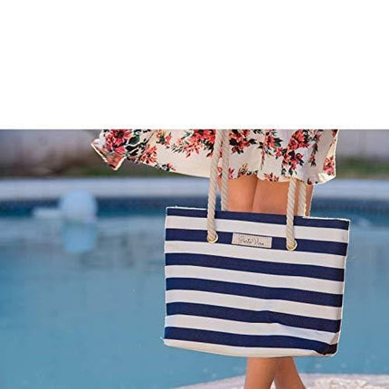 PortoVino Beach Wine Purse (Blue/White) - Beach Tote with Hidden, Insulated Compartment, Holds 2 Bottles of Wine! / Great Gift! / Happiness Guaranteed!