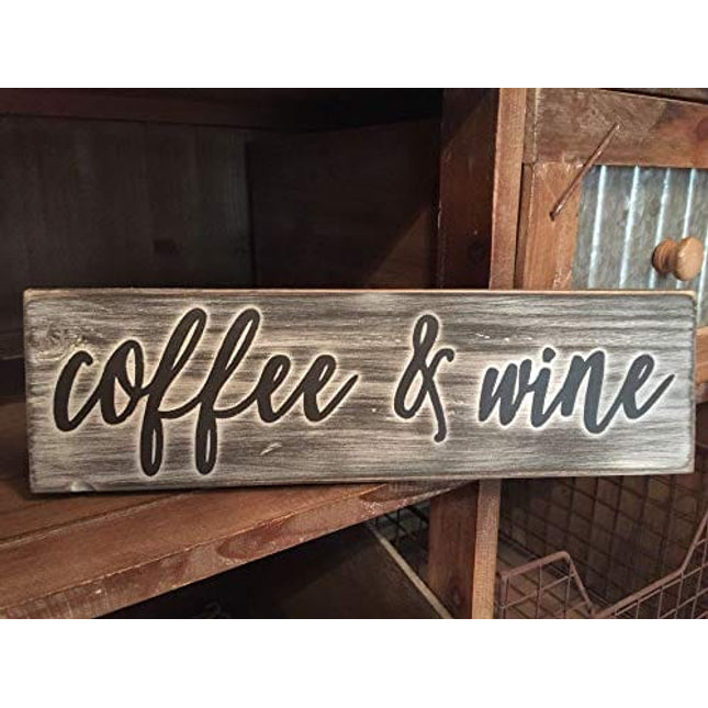PotteLove Rustic Wood Sign Coffee and Wine Coffee Bar Wine Bar Home Decor Prim Kitchen