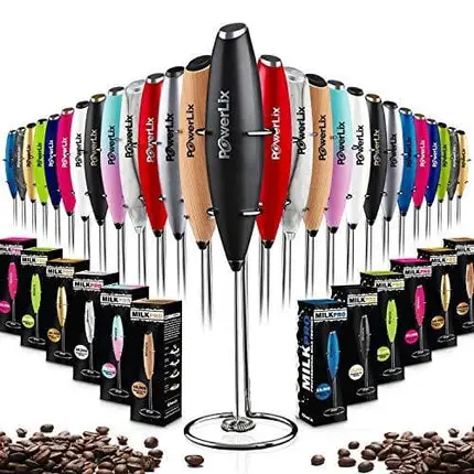 PowerLix Milk Frother Handheld Battery Operated Electric Foam Maker For Coffee, Latte, Cappuccino, Hot Chocolate, Durable Drink Mixer With Stainless Steel Whisk, Stainless Steel Stand Include (Black)