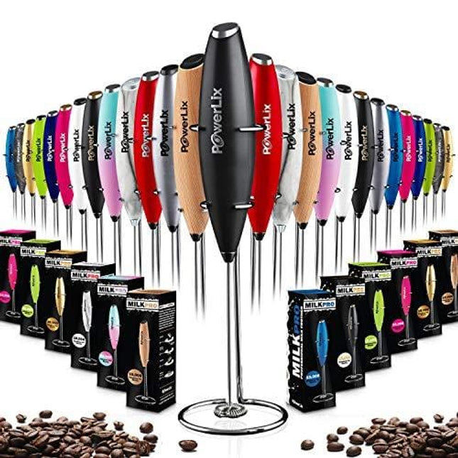 PowerLix Milk Frother Handheld Battery Operated Electric Foam Maker For Coffee, Latte, Cappuccino, Hot Chocolate, Durable Drink Mixer With Stainless Steel Whisk, Stainless Steel Stand Include (Black)