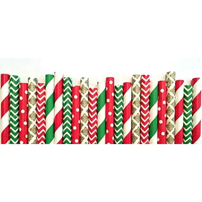 Pack of 150 Christmas Paper Straws in Red, Green and Gold. Holiday Straws, Vintage Party Supplies, Santa Red & Emerald Elf Green Straws