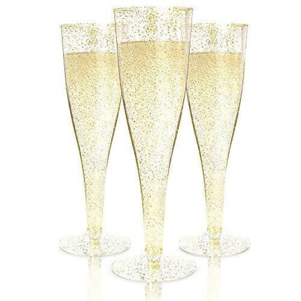 100 Plastic Champagne Flutes Disposable | Gold Glitter Plastic Champagne Glasses for Parties | Glitter Clear Plastic Cups | Plastic Toasting Glasses | Mimosa Glasses | Wedding Party Bulk Pack