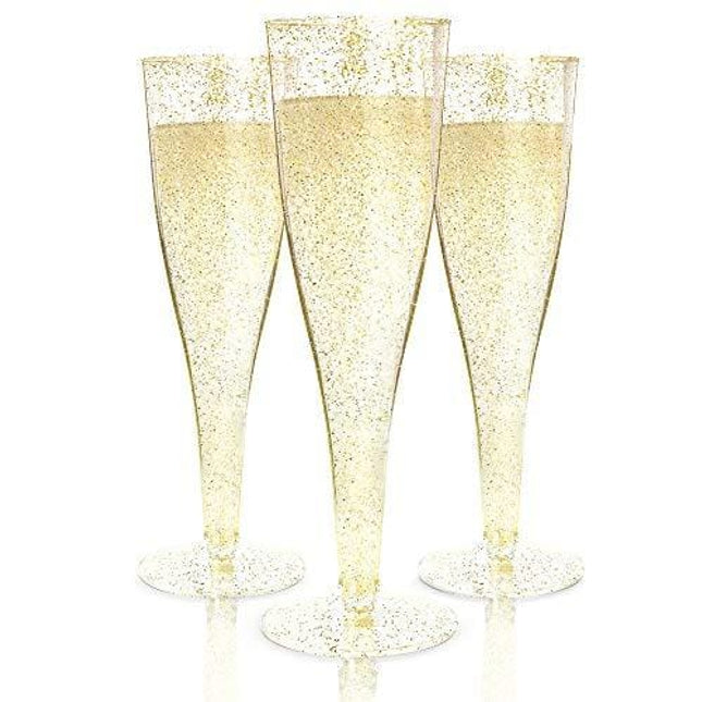 100 Plastic Champagne Flutes Disposable | Gold Glitter Plastic Champagne Glasses for Parties | Glitter Clear Plastic Cups | Plastic Toasting Glasses | Mimosa Glasses | Wedding Party Bulk Pack