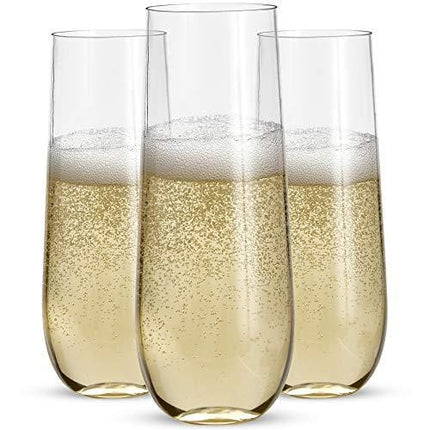 24 Stemless Plastic Champagne Flutes - 9 Oz Plastic Champagne Glasses | Clear Plastic Unbreakable Toasting Glasses |Shatterproof | Disposable | Reusable Perfect For Wedding Or Party