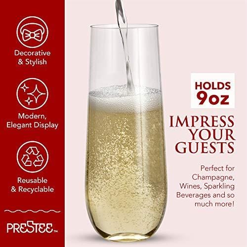 Prestee 24pk Stemless Plastic Champagne Flutes - 9 Oz, Clear Disposable  Wine Glasses, Cocktail Glasses