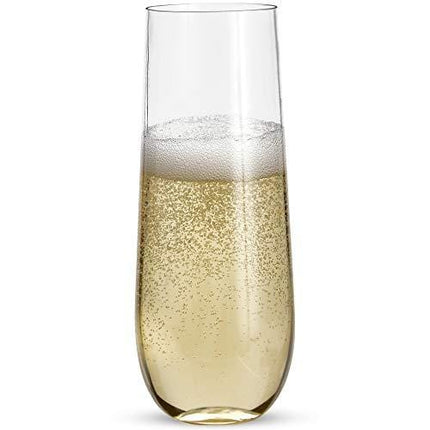 24 Stemless Plastic Champagne Flutes - 9 Oz Plastic Champagne Glasses | Clear Plastic Unbreakable Toasting Glasses |Shatterproof | Disposable | Reusable Perfect For Wedding Or Party