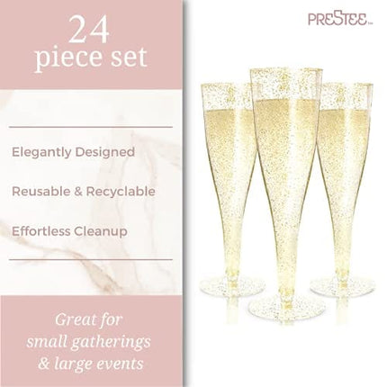 24 Plastic Champagne Flutes Disposable | Gold Glitter Plastic Champagne Glasses for Parties | Glitter Clear Plastic Cups | Plastic Toasting Glasses | Mimosa Glasses | New Years Eve Party Supplies 2022