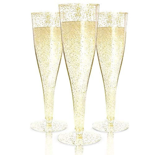 24 Plastic Champagne Flutes Disposable | Gold Glitter Plastic Champagne Glasses for Parties | Glitter Clear Plastic Cups | Plastic Toasting Glasses | Mimosa Glasses | New Years Eve Party Supplies 2022